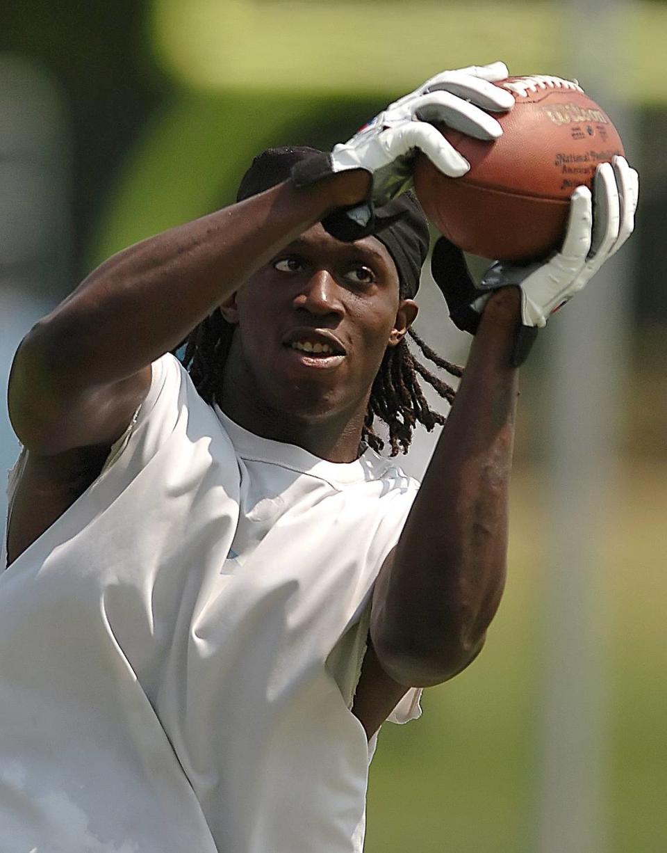 In 2005, Carolina cornerback Chris Gamble works on catching the ball during a practice. Gamble would end his career as Carolina’s all-time interception leader, with 27.