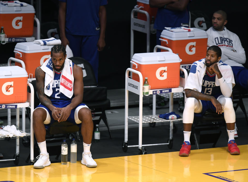 Kawhi Leonard（圖左）、 Paul George。(Photo by Harry How/Getty Images)