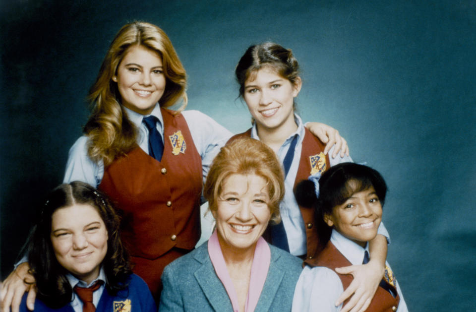 FACTS OF LIFE -- Season 2 -- Pictured: (clockwise from top left) Lisa Whelchel as Blair Warner, Nancy McKeon as Joanna 'Jo' Marie Polniaczek Bonner, Kim Fields as Dorothy 'Tootie' Ramsey, Charlotte Rae as Mrs. Edna Ann Garrett, Mindy Cohn as Natalie Letisha Sage Green  (Photo by Herb Ball/NBCU Photo Bank/NBCUniversal via Getty Images via Getty Images)