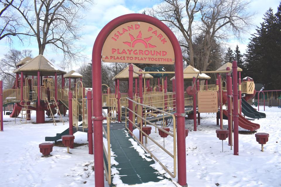 There isn't much action happening during the winter months at Island Park's playground in Adrian, but when the weather is warmer, the playground can be a great place for kids to remain active and have fun. Island Park is at the end of North Broad Street. Picnic shelters can be rented and the park also offers several baseball fields and scenic views.