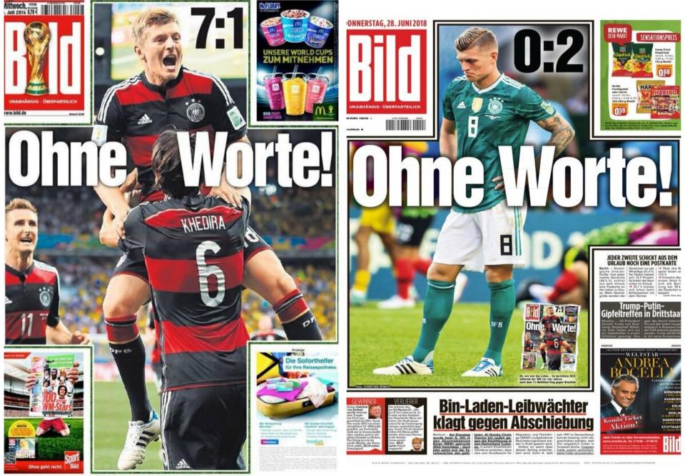 Bild headlines from Germany’s 7-1 win over Brazil in 2014 and its 2-0 loss to South Korea in 2018. (Photo via Reddit)