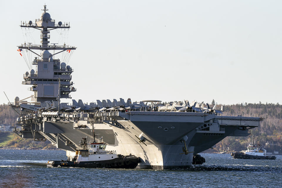 FILE - The USS Gerald R. Ford, arrives in Halifax, on Oct. 28, 2022. Forty years after one of the deadliest attacks against U.S. troops in the Middle East, some warn that Washington could be sliding toward a new conflict in the region. (Andrew Vaughan/The Canadian Press via AP, File)