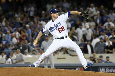 Oct 20, 2016; Los Angeles, CA, USA; Los Angeles Dodgers starting pitcher Ross Stripling (68) delivers a pitch in the eighth inning against the Chicago Cubs in game five of the 2016 NLCS playoff baseball series against the Los Angeles Dodgers at Dodger Stadium. Mandatory Credit: Richard Mackson-USA TODAY Sports