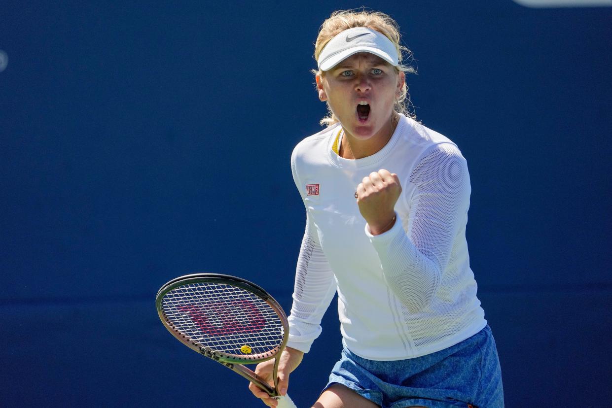 Peyton Stearns reacts during her second-round win over Denmark's Clara Tauson on Thursday. The 6-3, 6-0 victory moves the former Texas Longhorns star into this weekend's third round.