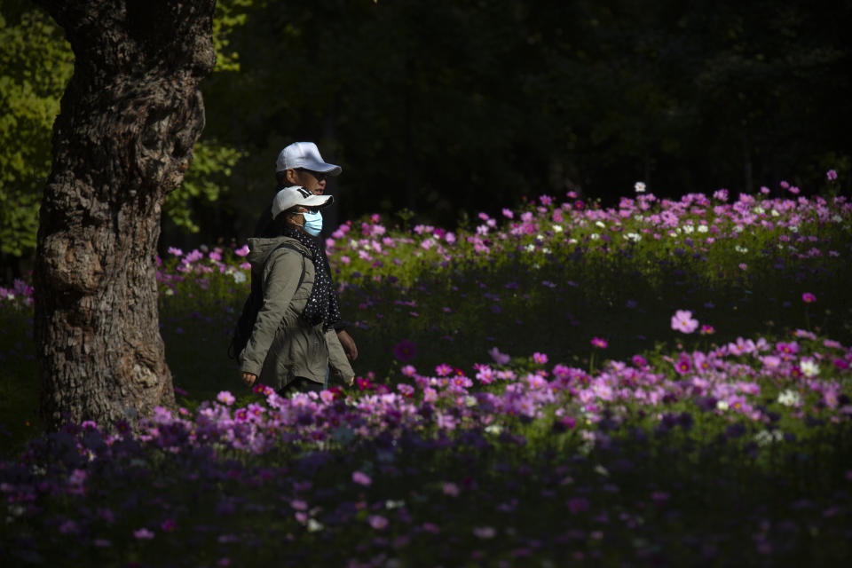 A woman wearing a face mask to protect against the coronavirus walks past blooming flowers at a public park in Beijing, Saturday, Oct. 24, 2020. With the outbreak of COVID-19 largely under control within China's borders, the routines of normal daily life have begun to return for its citizens. (AP Photo/Mark Schiefelbein)