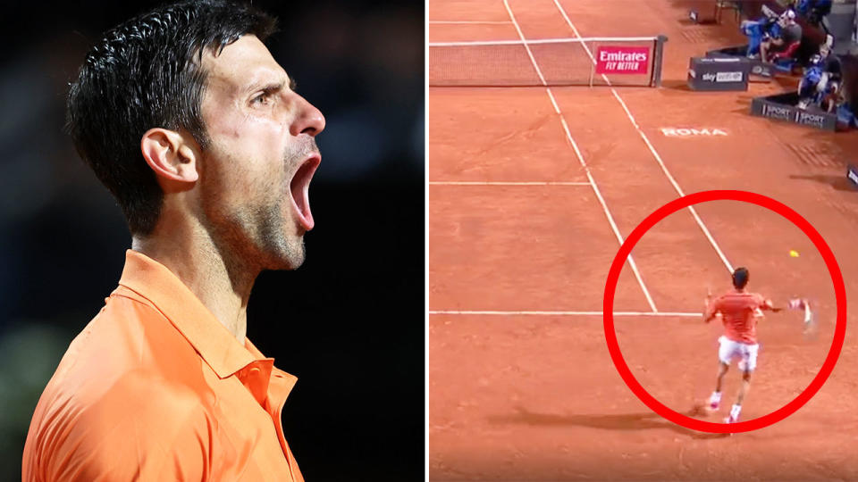 Pictured right, Novak Djokovic hits a sensational winner in his Italian Open quarter-final victory.