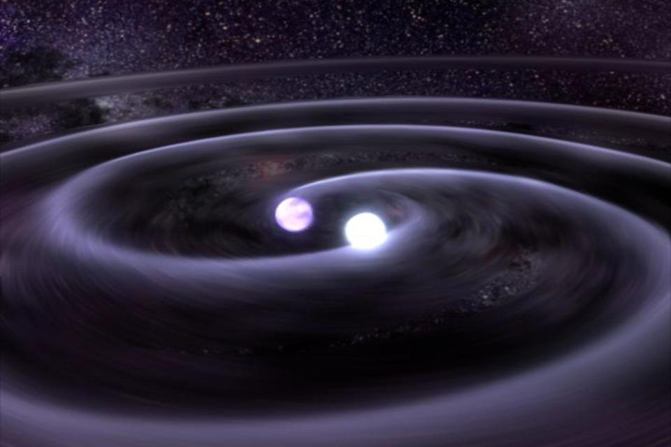 Illustration of two white dwarves orbiting around each other.