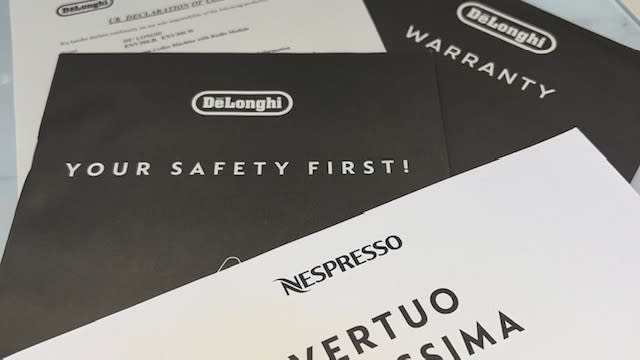 The Nespresso Vertuo Lattissima comes with a user manual, safety guide and warranty pamphlets