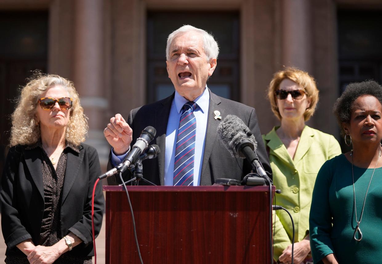 U.S. Rep. Lloyd Doggett speaks against HB 17 at a news conference at the Capitol Monday April 22, 2024. Standing with him are, left to right, state representatives Donna Howard, Vikki Goodwin and Sheryl Cole.