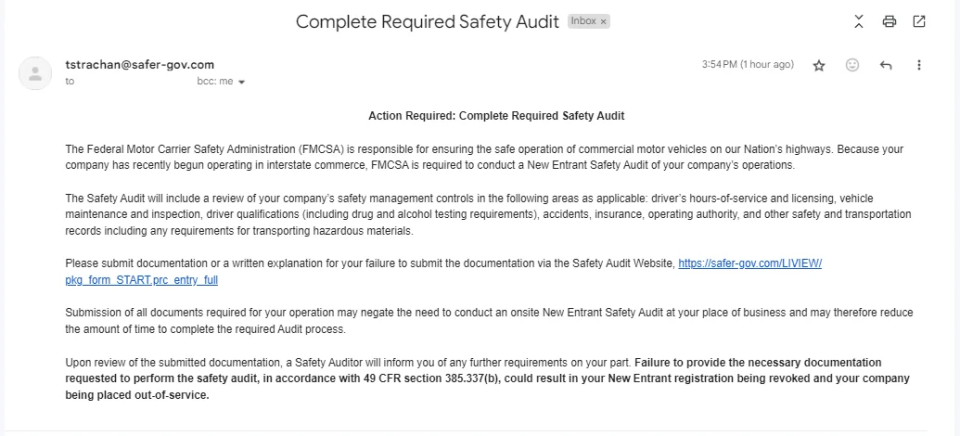 An example of a phishing email from a fake Federal Motor Carrier Safety Administration email account. (Photo: Adam Wingfield)