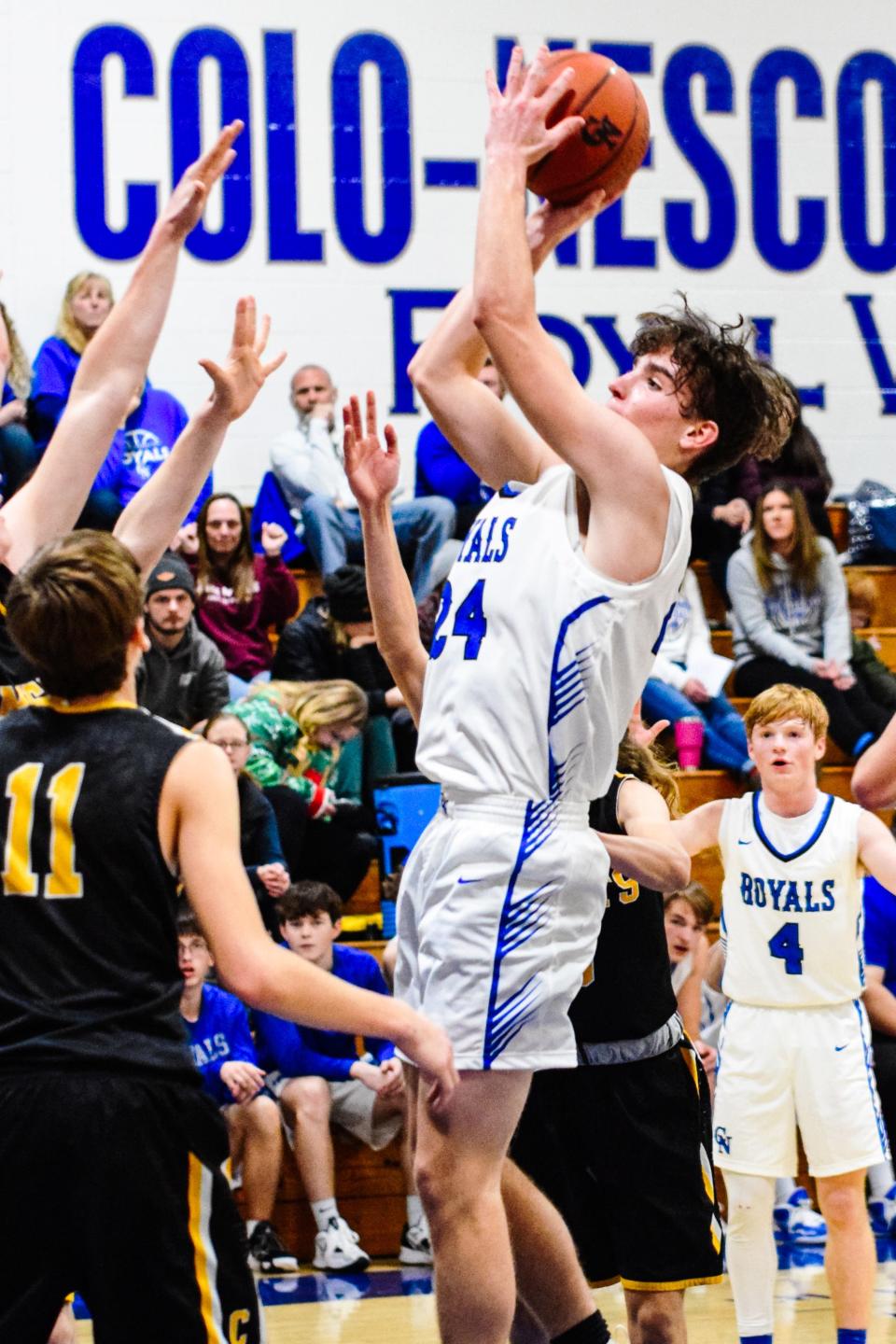 Lucas Frohwein went for 30 points and 15 rebounds during Colo-NESCO's 57-49 victory over BCLUW Friday at Colo.