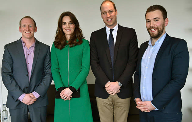 Prince William and Duchess Catherine with Jonny Benjamin (R) and Neil Laybourn (L).