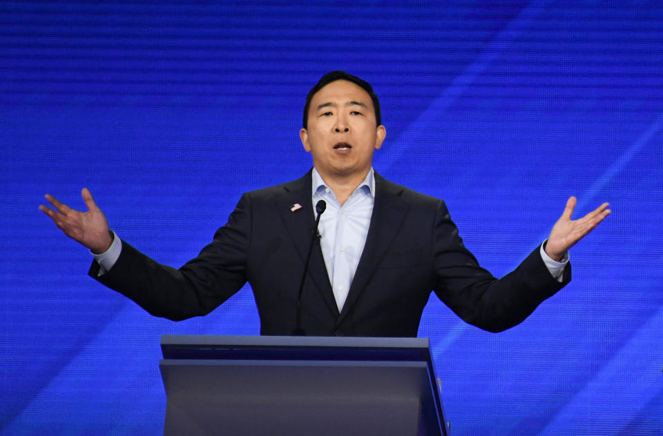 Democratic presidential hopeful Tech entrepreneur Andrew Yang speaks during the third Democratic primary debate of the 2020 presidential campaign season at Texas Southern University in Houston, Texas on September 12, 2019. | Robyn Beck—AFP/Getty Images