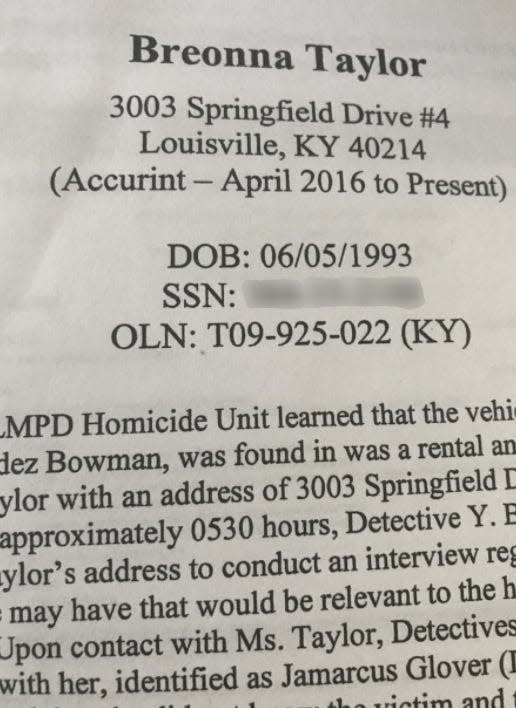 The front page of an undated report prepared by Louisville Metro Police as part of its investigation of accused drug dealer Jamarcus Glover, Breonna Taylor's boyfriend.