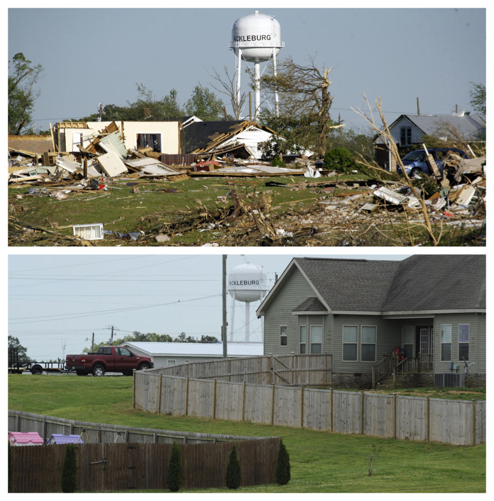 This combination of April 29, 2011 and April 16, 2021 photos shows a water tower in Hackleburg, Ala., on April 29, 2011, after a tornado destroyed much of the city and the scene a decade later. While some homes have been rebuilt and businesses recovered, the city still lacks adequate housing and retail businesses. (AP Photo/Rogelio V. Solis, Jay Reeves)