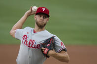 Philadelphia Phillies starting pitcher Zack Wheeler throws during the first inning of a baseball game against the Washington Nationals in Washington, Tuesday, Aug. 3, 2021. (AP Photo/Manuel Balce Ceneta)