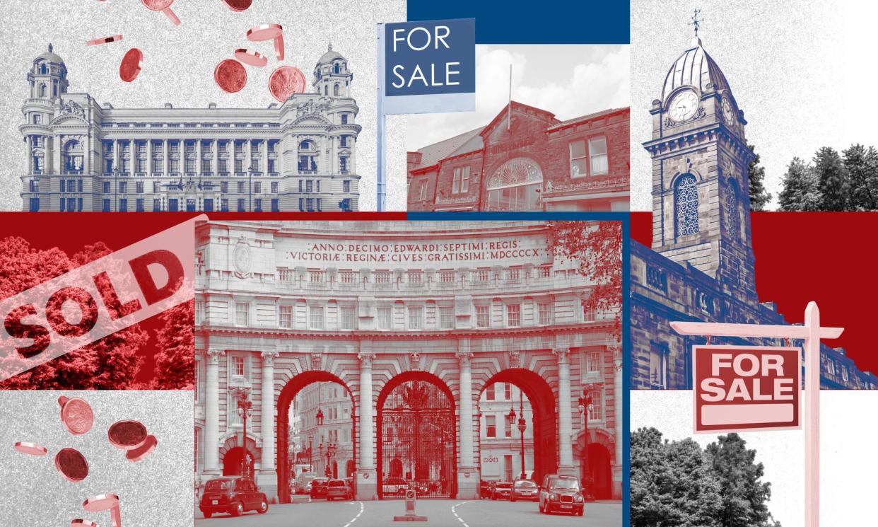 <span>Clockwise from top left: the old War Office in London, now the OWO hotel; the Arcade in Ilkley, West Yorkshire; Sheffield’s old town hall; Admiralty Arch in London, which will open next year as Admiralty Arch Waldorf Astoria.</span><span>Composite: Grain Ltd, Alamy, Getty/Observer Design</span>