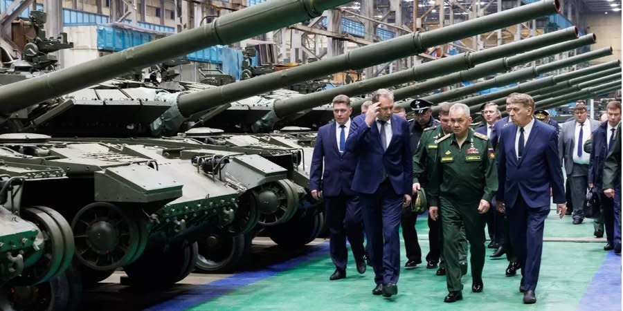 Russia's Defense Minister Sergei Shoigu visits a defense industry enterprise in Omsk Oblast, April 2024