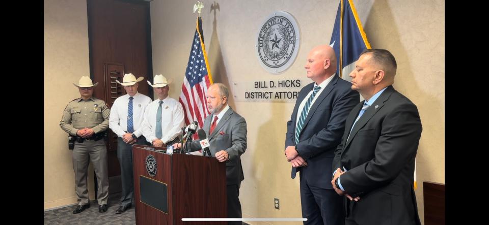 El Paso District Attorney Bill Hicks, center, announced that a grand jury indicted 141 migrants on misdemeanor riot participation charges during a news conference April 23 at the courthouse in Downtown. The migrants were arrested in connection with an April 12, 2024 "riot" at the border fence near El Paso's Lower Valley.