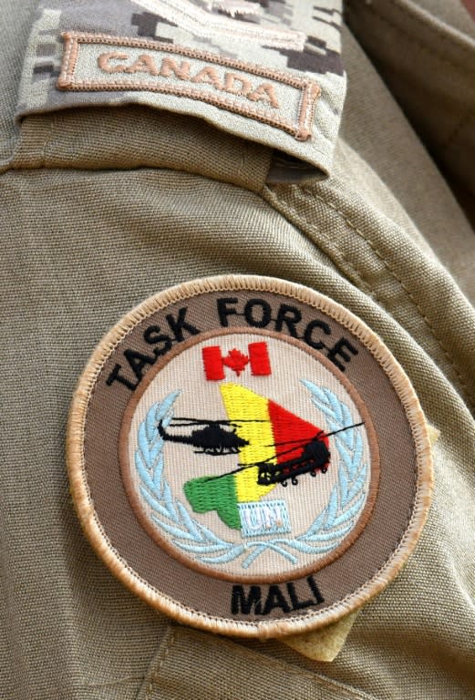 The uniform patch on the shoulder of a Canadian soldier with the United Nations Multidimensional Integrated Stabilization Mission in Mali (MINUSMA)