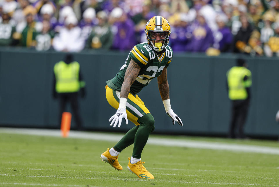 FILE - Green Bay Packers cornerback Jaire Alexander (23) plays defense during an NFL football game against the Minnesota Vikings Sunday, Oct. 29, 2023, in Green Bay, Wis. Alexander was voted one of the top five cornerbacks at the midpoint of the season by The Associated Press.(AP Photo/Jeffrey Phelps, File)