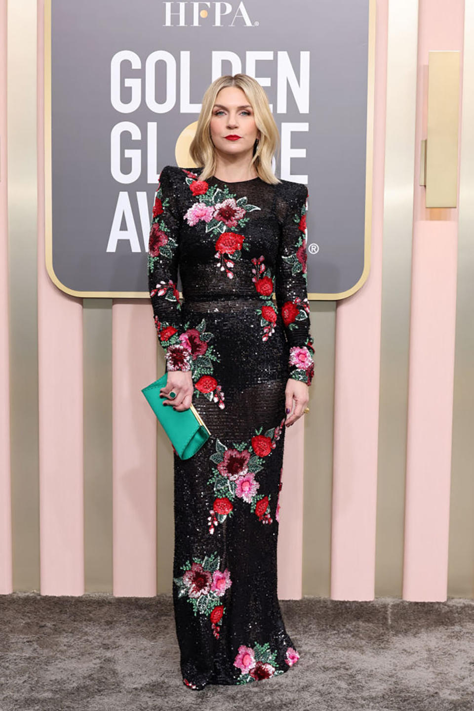 Rhea Seehorn in floral black dress at the Golden Globes