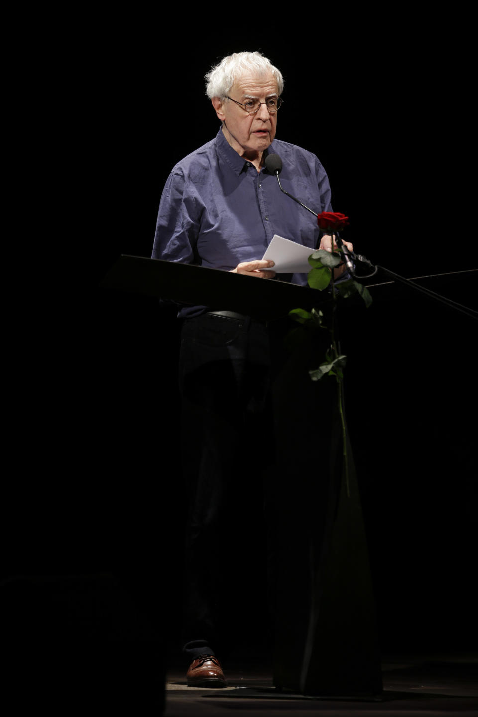 FILE - Serbian born writer Charles Simic, 1990 Pulitzer winner, attends "La Milanesiana" cultural event, in Milan, Italy, Thursday, June 29, 2017. Simic, the Pulitzer Prize-winning poet who awed critics and readers with his singular blend of lyricism and economy, tragic insight and disruptive humor, has died at age 84. Dan Halpern, executive editor at publisher Alfred A. Knopf, confirmed Simic's death Monday, Jan. 9, 2023, but did not immediately provide further details. (AP Photo/Luca Bruno, File)