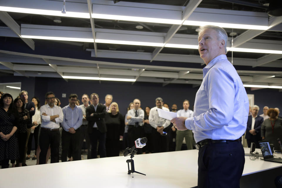 Associated Press CEO Gary Pruitt speaks during a celebration of the winners of the Pulitzer Prizes at AP headquarters in New York, Monday, April 15, 2019. A team of three Associated Press journalists won a Pulitzer Prize in international reporting Monday for their work documenting torture, graft and starvation in Yemen's brutal civil war. (AP Photo/Seth Wenig)