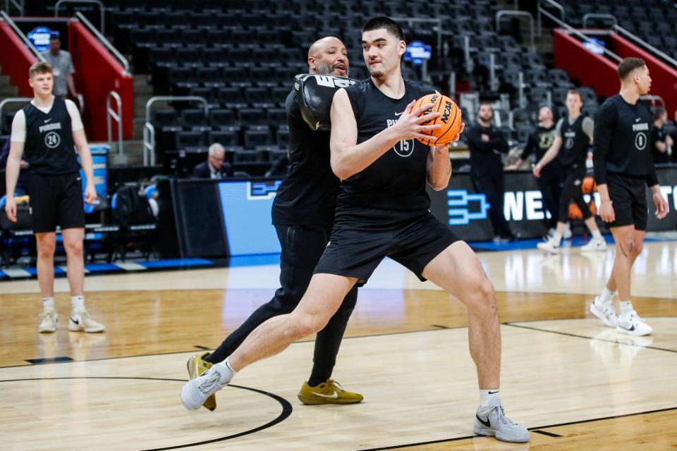 Purdue center Zach Edey (15) during open practice before the Midwest Regional Sweet 16 round at Little Caesars Arena in Detroit on Thursday, March 28, 2024.