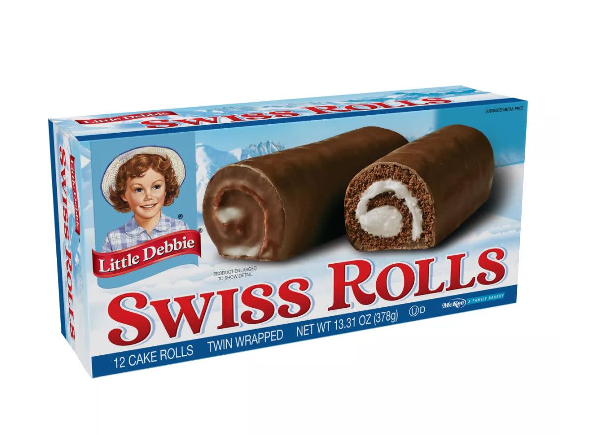 Box of Little Debbie Swiss rolls on a white background