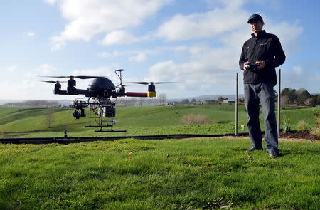 Aeronavics engineer Coenraad Brand flies one of the company's drones in a paddock near the town of Raglan, New Zealand, July 6, 2015. REUTERS/Naomi Tajitsu