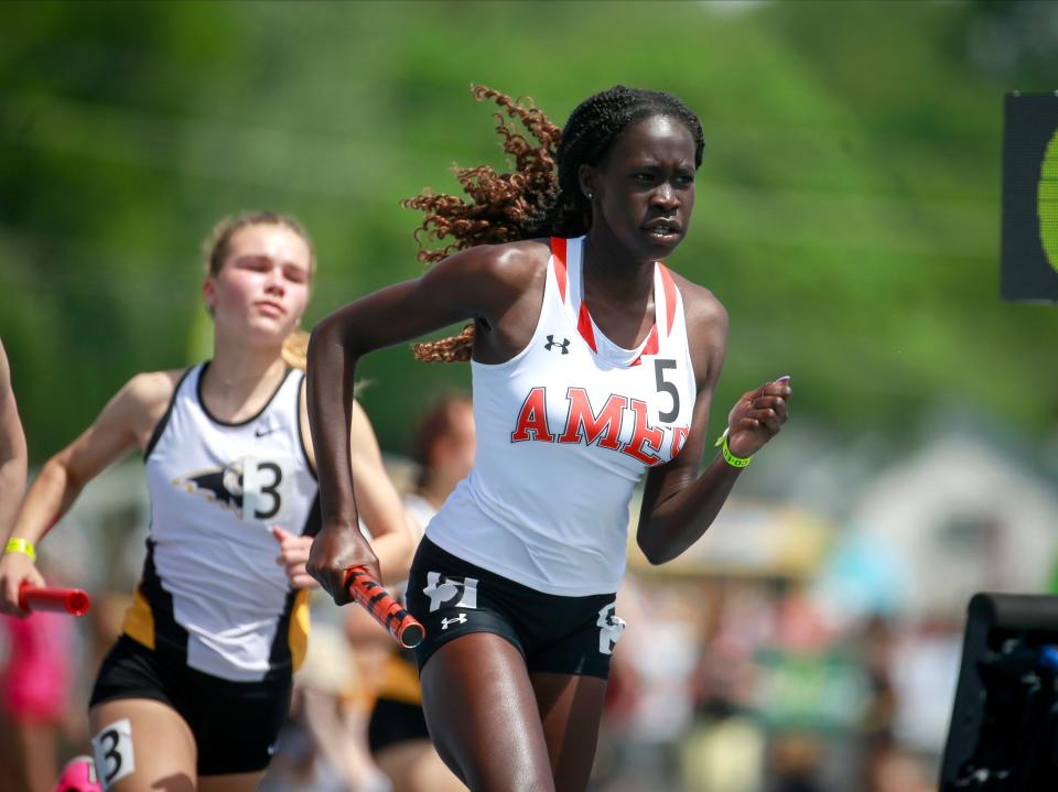 Ames senior Nyadio Chan competes in the Class 4A girls 4x800-meter relay during the Iowa high school state track and field meet at Drake Stadium in Des Moines on Thursday, May 19, 2022. Ames took second in the event with a time of 9:29.10.