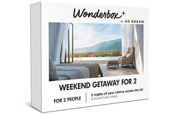 <p><a href="https://www.wonderbox.com/b/weekend-getaway-for-2?gad=1&gclid=CjwKCAjwp8OpBhAFEiwAG7NaEmrTkfrwQlKbtamJs1LTNZDhule_15lB0Mn68wb1t0bfhC35KK9SOhoCPfQQAvD_BwE" rel="nofollow noopener" target="_blank" data-ylk="slk:Shop Now;elm:context_link;itc:0;sec:content-canvas" class="link rapid-noclick-resp">Shop Now</a></p><p>Weekend Getaway for 2</p><p>wonderbox.com</p><p>$399.00</p><span class="copyright">Wonderbox</span>