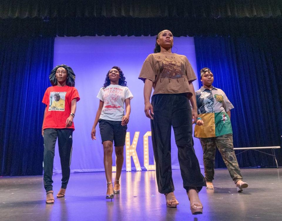 Miss JuneteenthKC Pageant contestants from left, De’ony Blakley, Londynn Pickens, Nevaeh Harding and Taelyn Sanders practiced their walk at the Gem Theater.