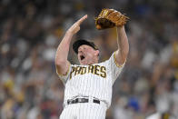 San Diego Padres relief pitcher Mark Melancon (33) celebrates after the Padres beat the Los Angeles Dodgers 5-3 in a baseball game Wednesday, June 23, 2021, in San Diego. (AP Photo/Denis Poroy)
