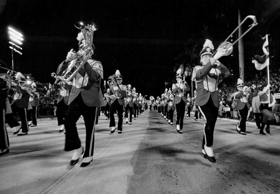 A band marches up Biscayne Boulevard in 1978.