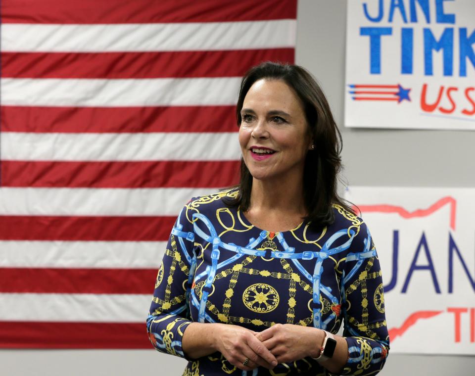 Jane Timken, candidate for U.S. Senate in Ohio, speaks to journalists before a grassroots "Rally for Ohio" at her campaign headquarters in northwest Columbus on Wednesday, September 29, 2021.