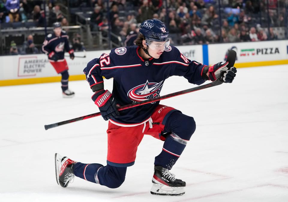 Columbus Blue Jackets center Alexandre Texier (42) celebrates a goal during the first period of the NHL hockey game against the Anaheim Ducks at Nationwide Arena in Columbus on Thursday, Dec. 9, 2021.