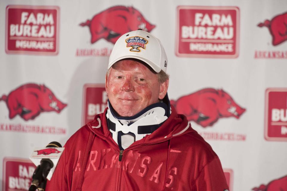 April 3, 2012; Fayetteville, AR, USA; Arkansas Razorback head coach Bobby Petrino speaks at a press conference at Razorback Stadium following a motorcycle accident he sustained on April 1. Mandatory Credit: Beth Hall-USA TODAY Sports