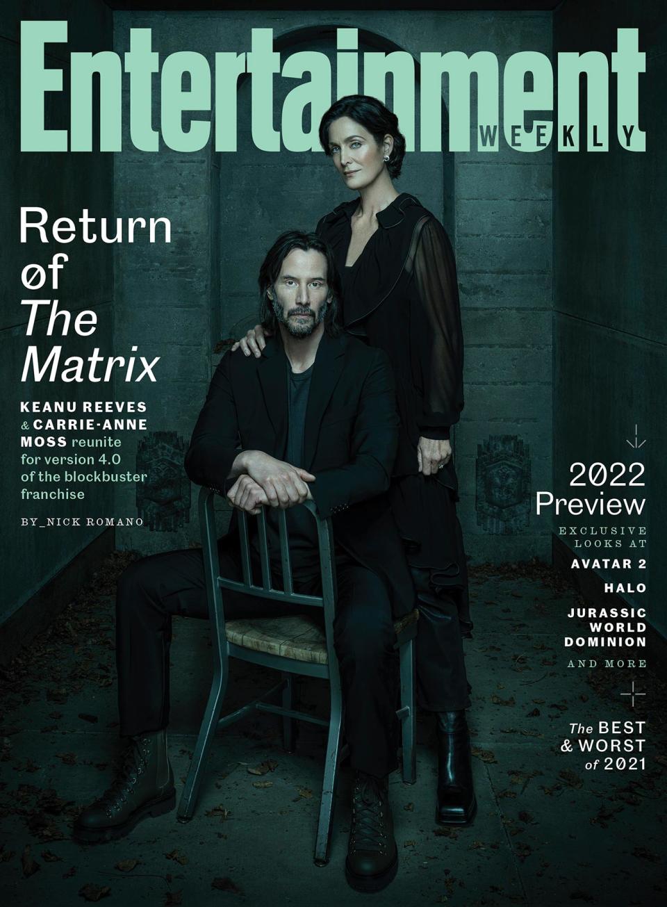 The Matrix stars Keanu Reeves and Carrie-Anne Moss reunite for EW's Resurrections cover shoot