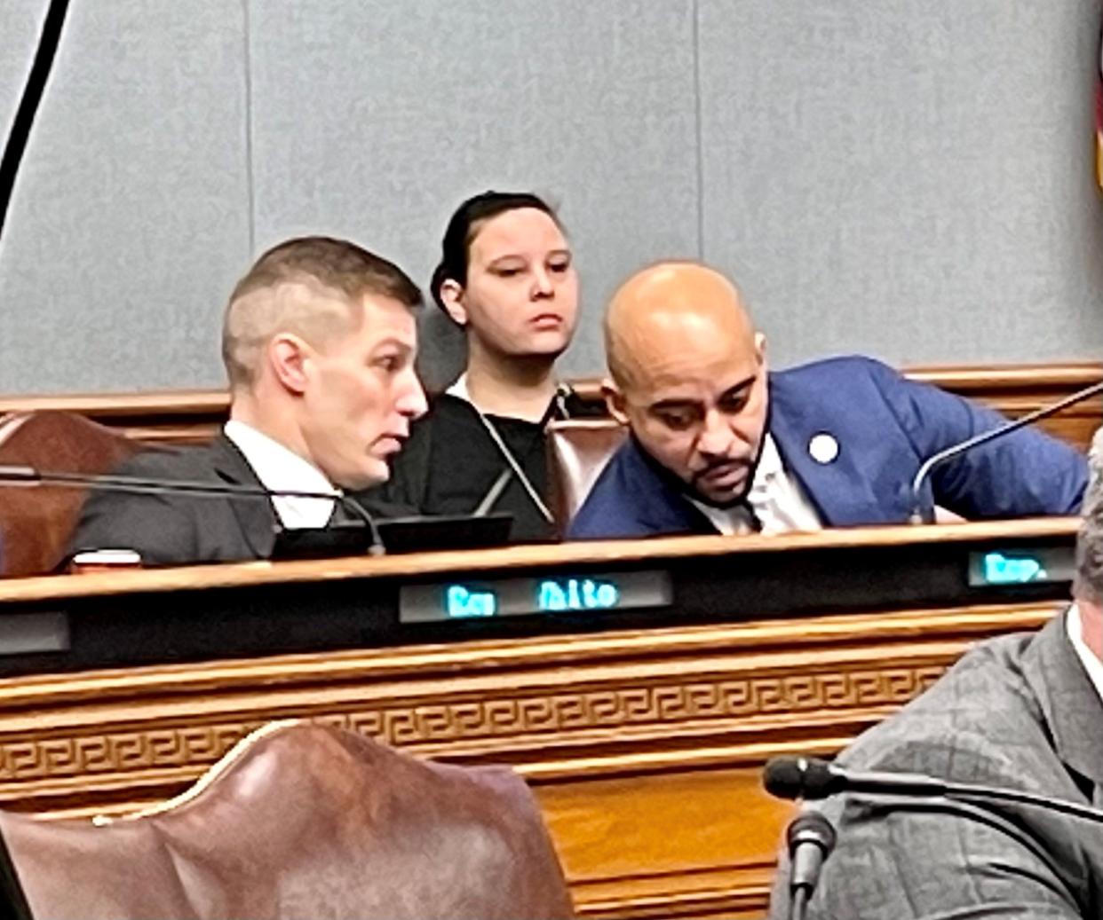 House Governmental Affairs Committee Chairman John Stefanski, R-Crowley, left, and vice Chairman Royce Duplessis, D-New Orleans, discuss redistricting during a committee hearing on Feb. 8, 2022.