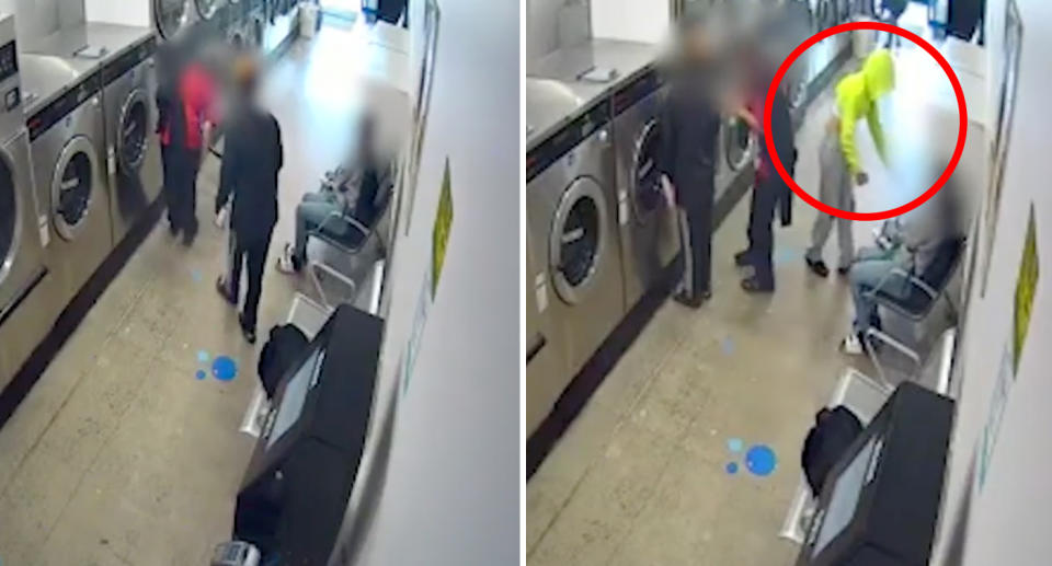 Stills from a video of one child appearing to emerge from a machine in a New Zealand laundromat after apparently sniffing aerosol, which is part of a worrying habit with young people.