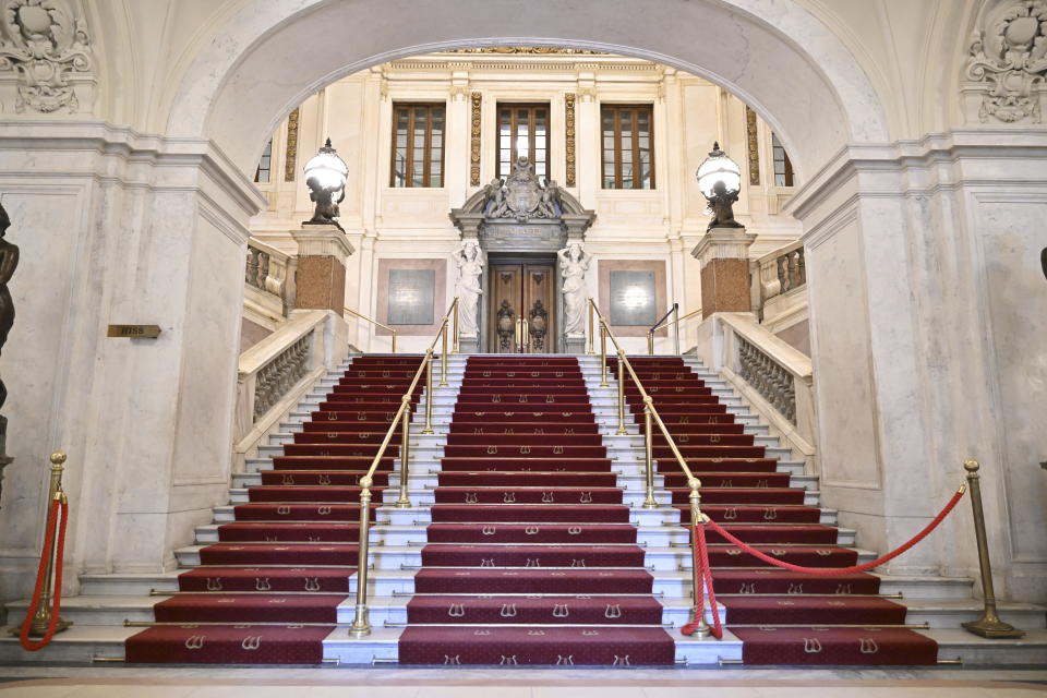 This photo shows a view of the Royal Swedish Opera in Stockholm, Sweden, on April 22, 2024. Sweden’s national theater for opera and ballet, the Stockholm-based Royal Swedish Opera, has been fined 3 million kronor ($300,000) after a stage technician died in 2023, when he fell around 13 meters (more than 40 feet) from a balcony as he was carrying out work inside the building. (Henrik Montgomery/TT News Agency via AP)