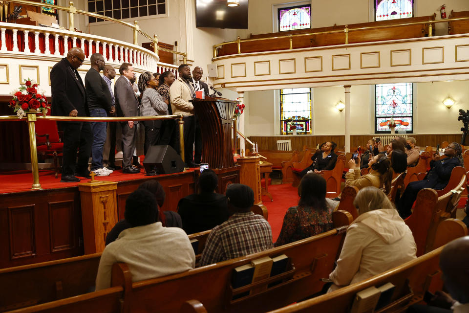 Leon Ochieng speaks of his younger brother, Irvo Otieno, to the media and others at First Baptist Church of South Richmond, Richmond, Va., on Tuesday, March 21, 2023. (Daniel Sangjib Min/Richmond Times-Dispatch via AP)