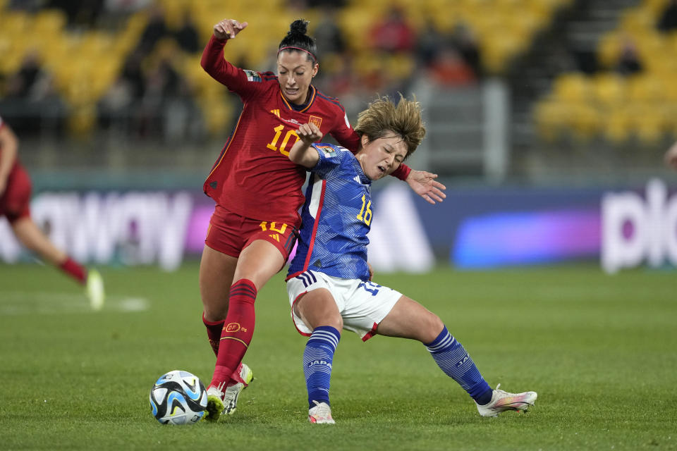 Spain's Jennifer Hermoso, left, and Japan's Honoka Hayashi vie for the ball during the Women's World Cup Group C soccer match between Japan and Spain in Wellington, New Zealand, Monday, July 31, 2023. (AP Photo/John Cowpland)