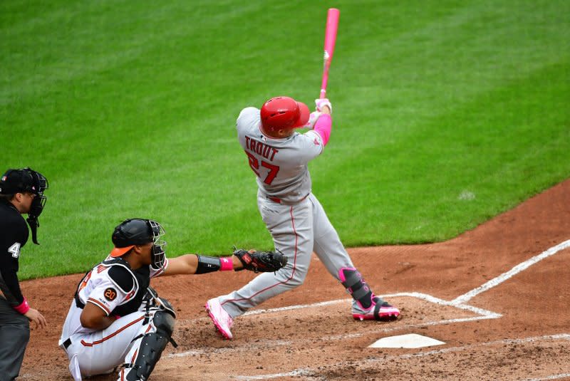 All-Star outfielder Mike Trout and the Los Angeles Angels will face the Baltimore Orioles on Thursday at Oriole Park at Camden Yards. File Photo by David Tulis/UPI