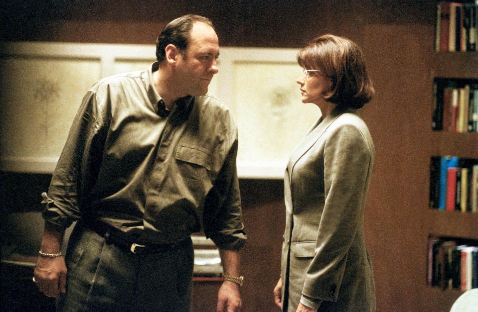 James Gandolfini as Tony Soprano and Lorraine Bracco as Dr. Jennifer Melfi in<em> The Sopranos</em>. (Photo: Ron Batzdorff/HBO)