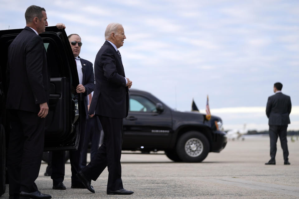 President Joe Biden arrives to board Air Force One for a trip to Israel, Tuesday, Oct. 17, 2023, at Andrews Air Force Base, Md. (AP Photo/Evan Vucci)