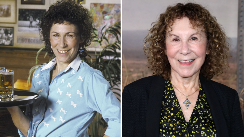 Side-by-side of actress Rhea Perlman in Cheers and now