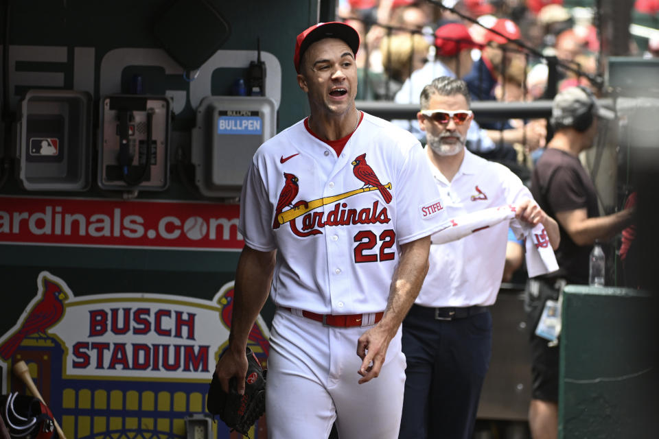 St. Louis Cardinals starting pitcher Jack Flaherty (22) reacts in the dugout after being pulled in the third inning of a baseball game against the Los Angeles Angels, Thursday May 4, 2023, in St. Louis. (AP Photo/Joe Puetz)
